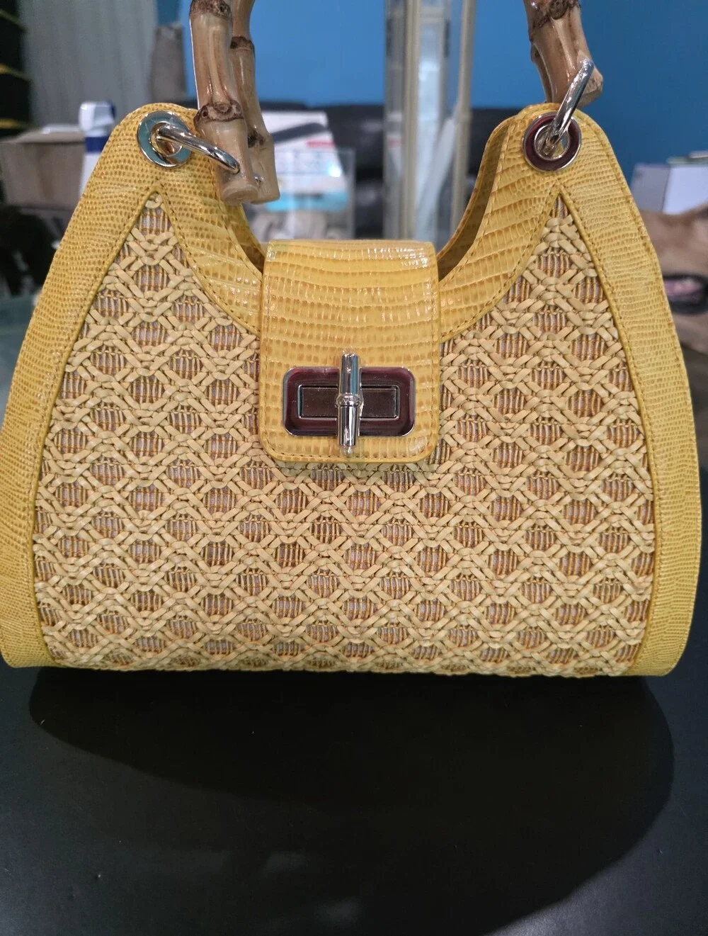 New Brahmin Adrian Yellow Woven Straw Tote Bag with Bamboo Handles
